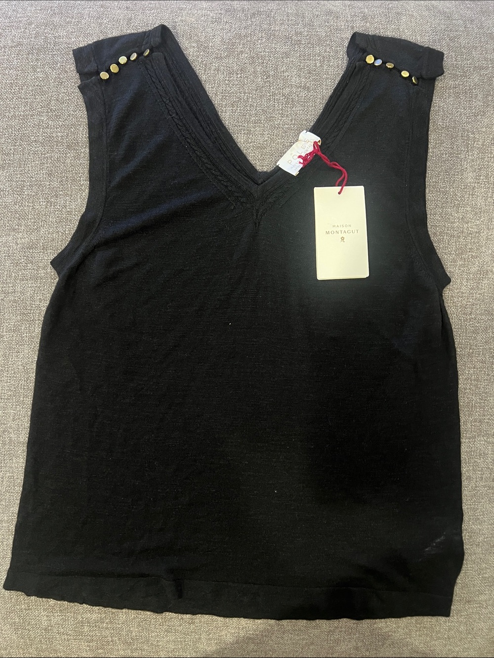 Black V-Neck Tank with Gold Button Trim